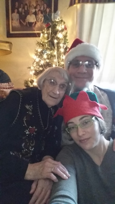 Eula, Doug, and Megan in front of Mom's Christmas tree, 2016